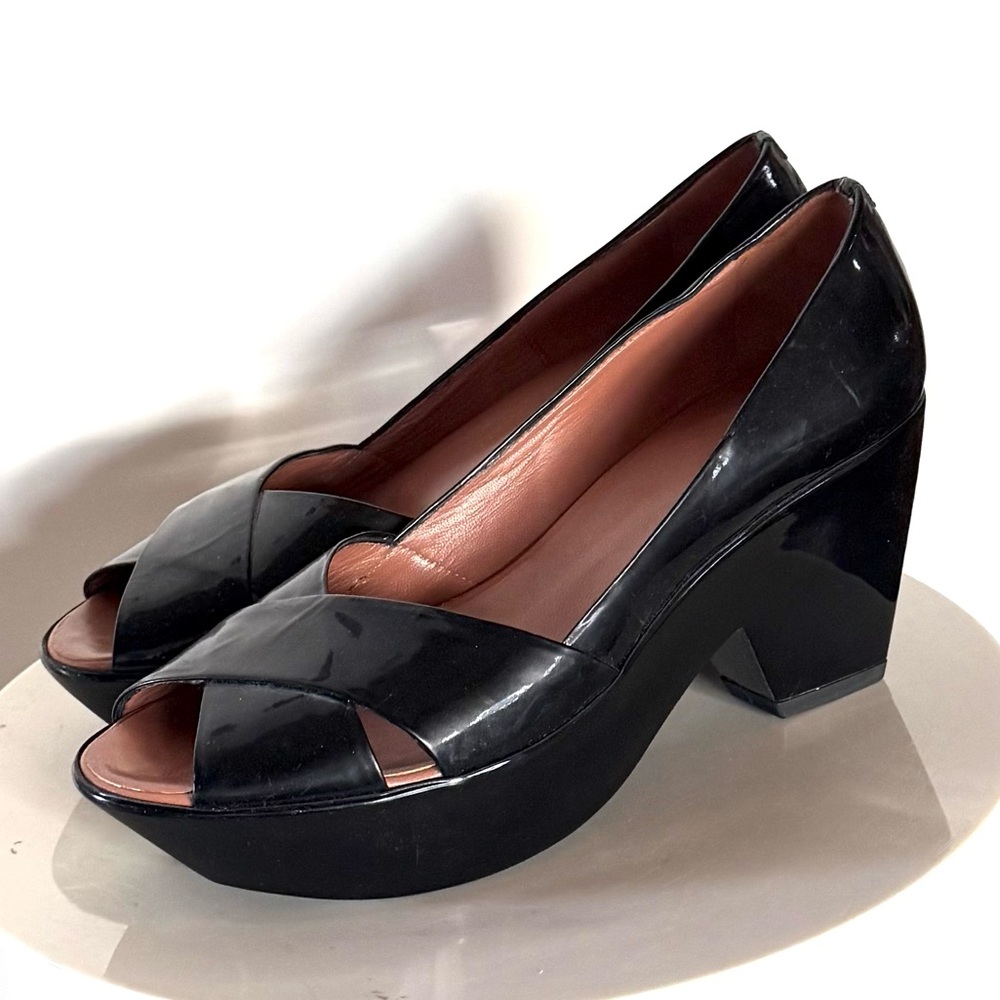 Vicini Tapeet Black Patent Leather Platform Peep Toe Heels Shoes - Picture 3 of 15
